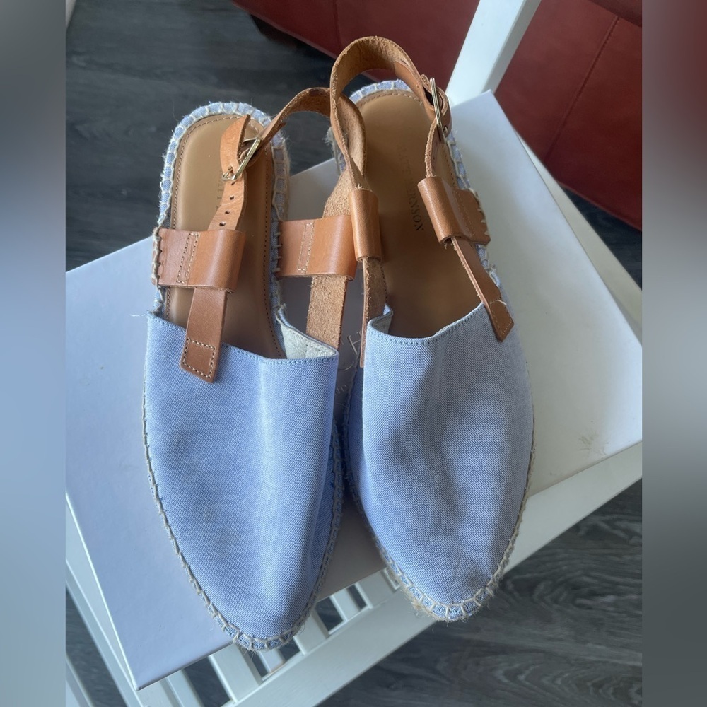 Anthropologie Blue and Tan Espadrille Sandals